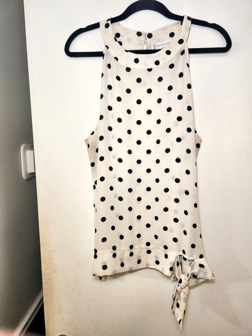 NY&C Polka Dot Tie Hem Blouse in Cream & Black Size XL